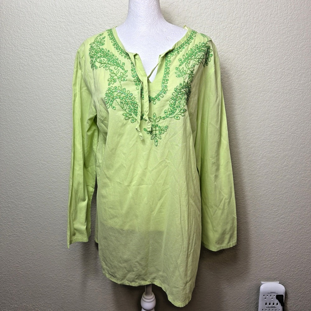 Kaktus Tunic Shirt Women Medium Lime Green Boho Embroidered Peasant Kaftan Top